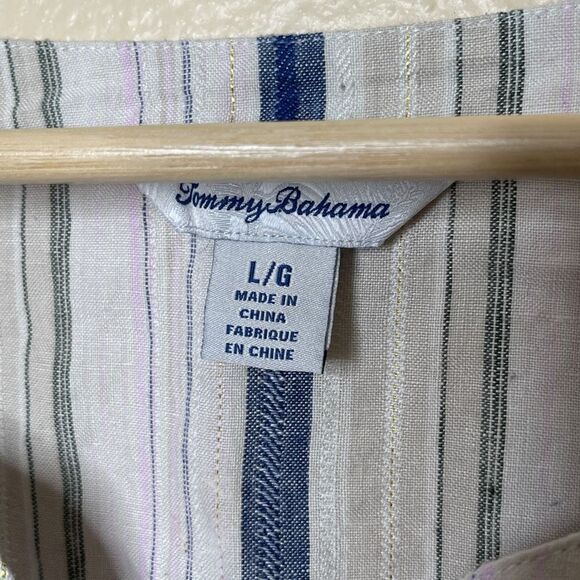 Tommy Bahama large linen blend top stripe Silver Metallic Boho 3/4 SLEEVE LACE - Picture 3 of 9